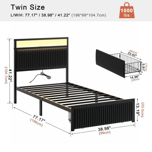 GUNAITO Twin Bed Frame with 2 Drawers Headboard Platform LED Bed Frame with 2 Storage Drawers USB Ports & Outlets Black