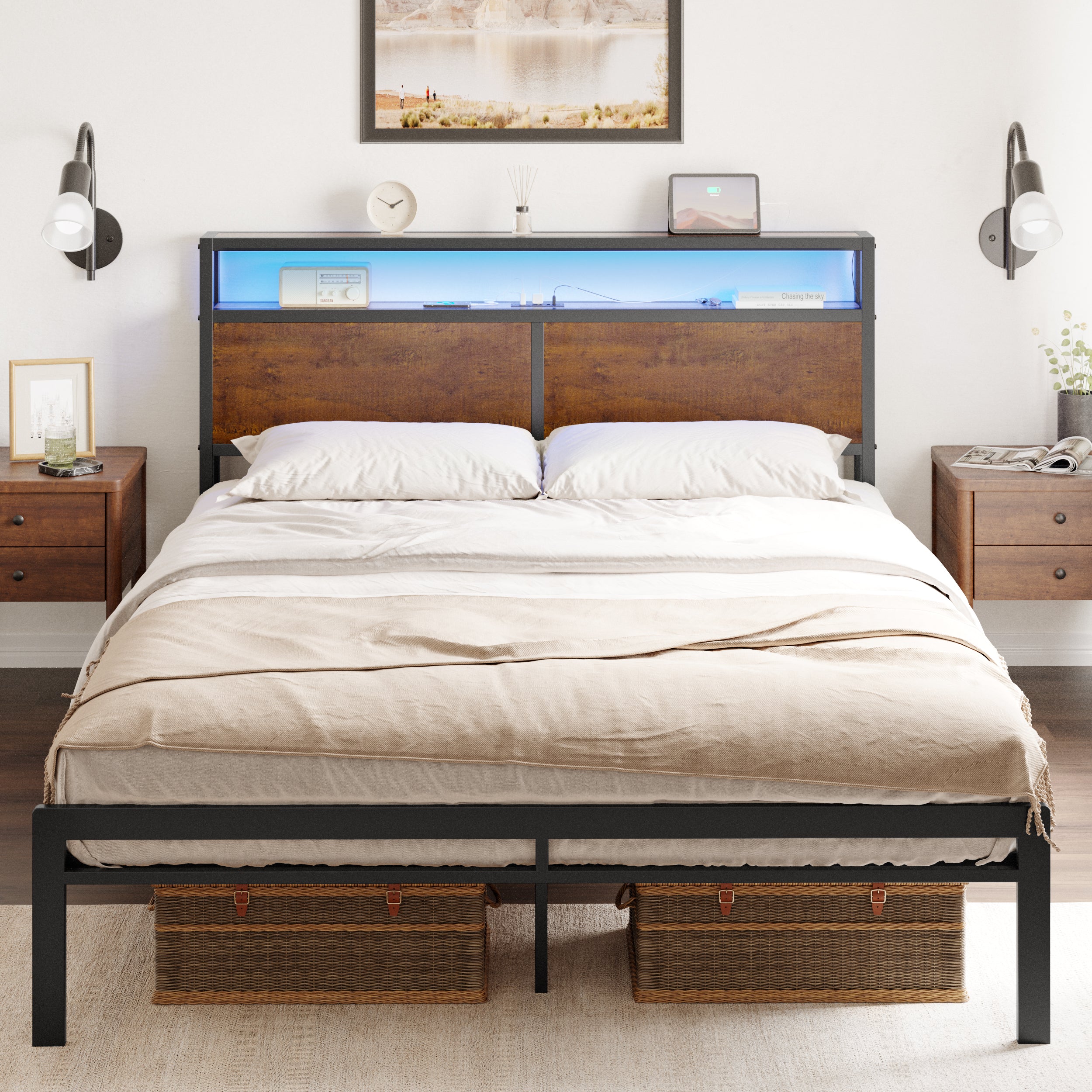 GUNAITO Full Size Bed Frame With Wooden Headboard Metal Platform Bed F ...