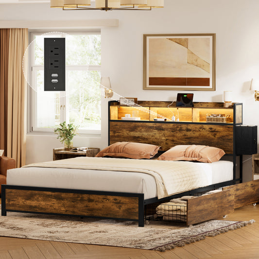GUNAITO Queen Bed Frame with Storage Headboard, 2 Drawers Platform LED Bed Frame with USB Ports & Outlets Rustic Brown