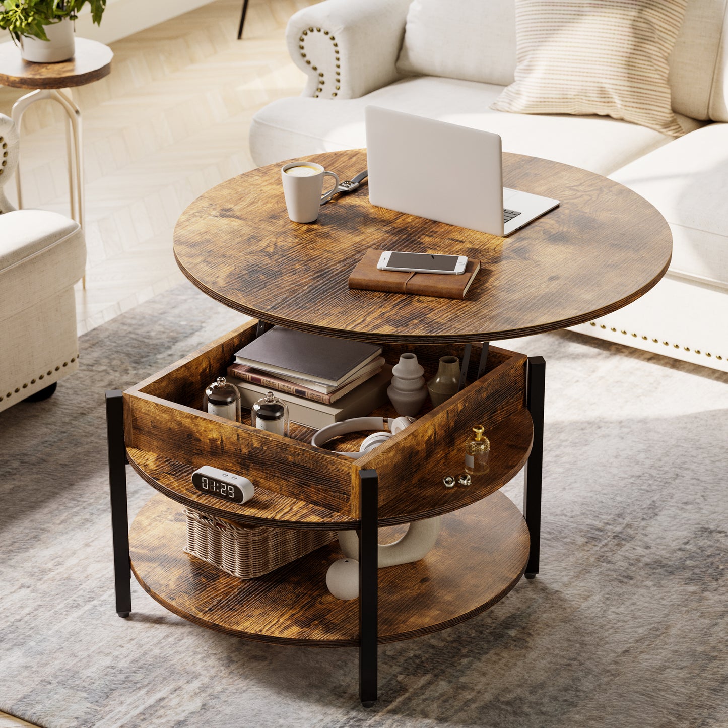 GUNAITO Round Lift Top Coffee Table with Storage Modern Farmhouse Center Table with Shelf Small 2 Tier Circle Table for Living Room Rustic Brown