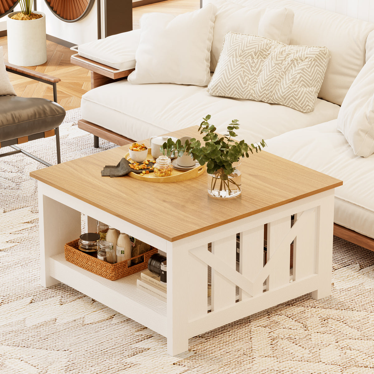 GUNAITO Lift Top Coffee Table with Storage Cabinet and 2 Compartments for Living Room, White, 31.5''Hx31.5''W in