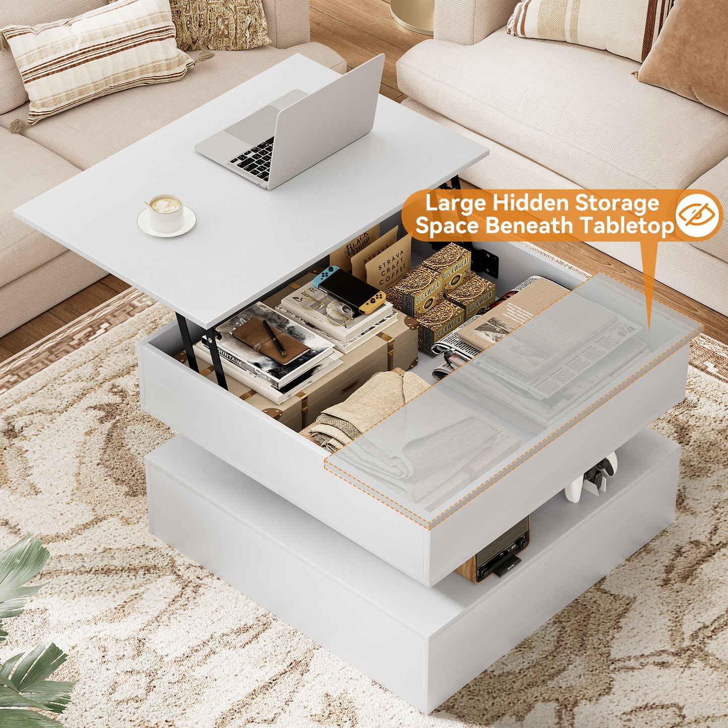 GUNAITO Lift Top Coffee Table with Storage, Wood Square Coffee Table for Living Room, 31.5'' Small Center Table with Open Display Shelf for Dining Room, White