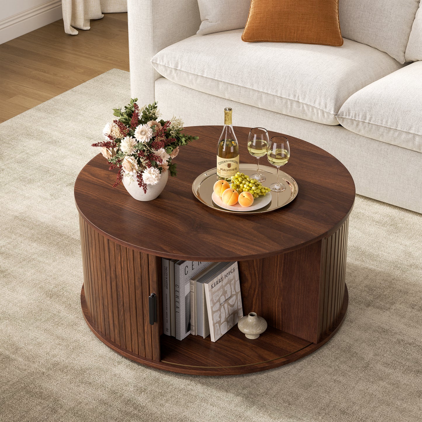 GUNAITO Round Lift Top Coffee Table with Storage and Sliding Door, Wooden Center Table for Living Room, Walnut