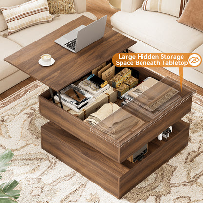 GUNAITO Lift Top Coffee Table with Storage and Hidden Compartment, Wood Square Coffee Table for Living Room, 31.5'' Small Center Table with Open Display Shelf for Dining Reception Room, Walnut