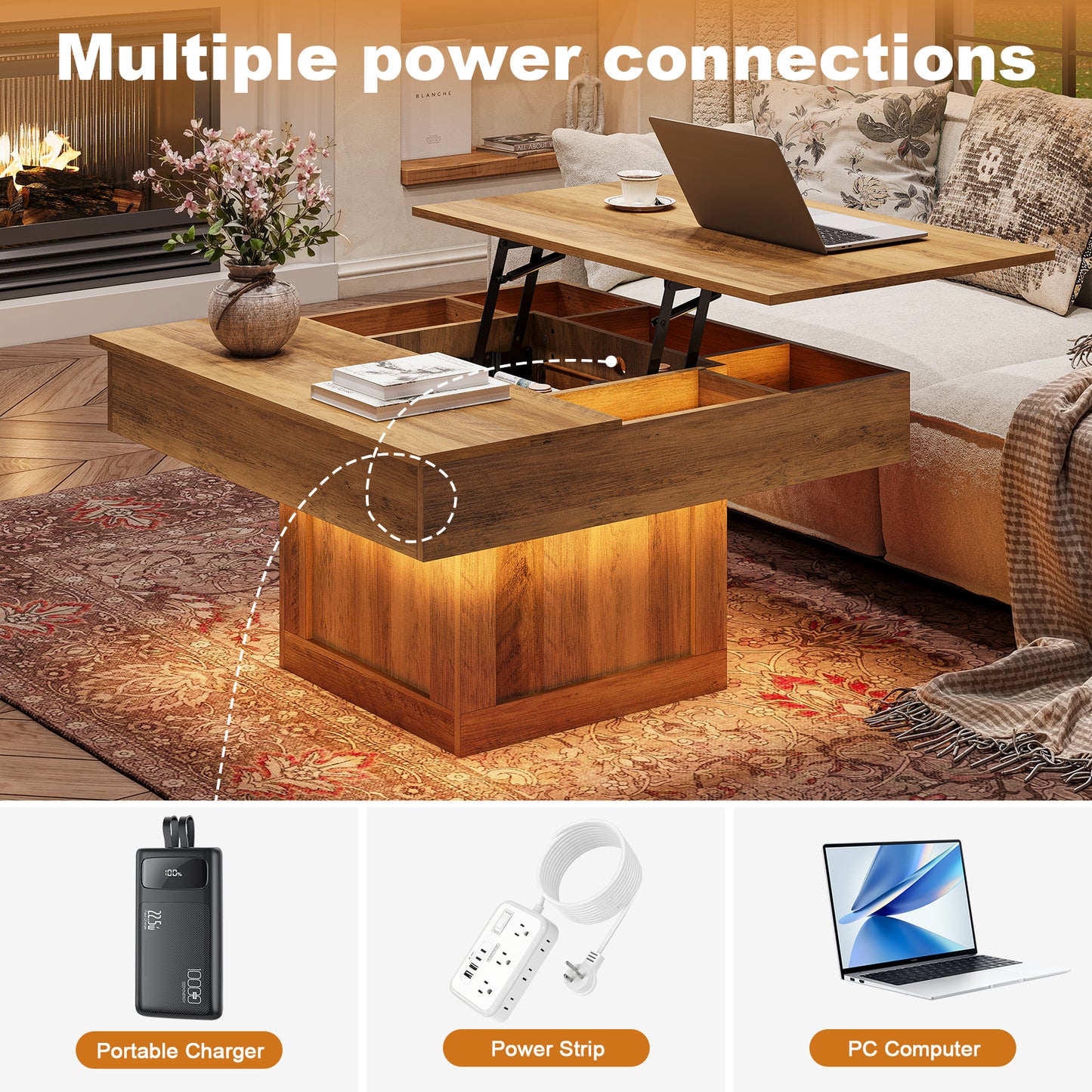GUNAITO Lift Top Coffee Table with LED Lights, Modern Farmhouse Center Table with Storage, 31.5''Hx31.5''Wx19''D, Light Brown