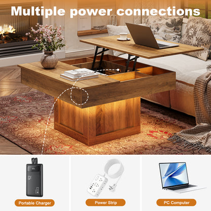 GUNAITO Lift Top Coffee Table with LED Lights, Modern Farmhouse Center Table with Storage, 31.5''Hx31.5''Wx19''D, Light Brown