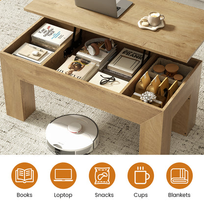 GUNAITO Lift Top Coffee Table with Storage, Wooden Convertible Coffee Table for Living Room, Farmhouse Center Table, Natural