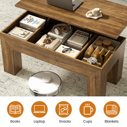 GUNAITO Lift Top Coffee Table with Storage, Wooden Convertible Coffee Table for Living Room, Farmhouse Center Table, Rustic Brown