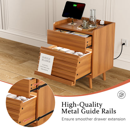 GUNAITO Nightstand set of 2 with Charging Station Bedside Table with LED Light Wood Nightstand with Wave Texture Drawers End Table with USB Ports and Outlets for Small Space Caramel 2pcs