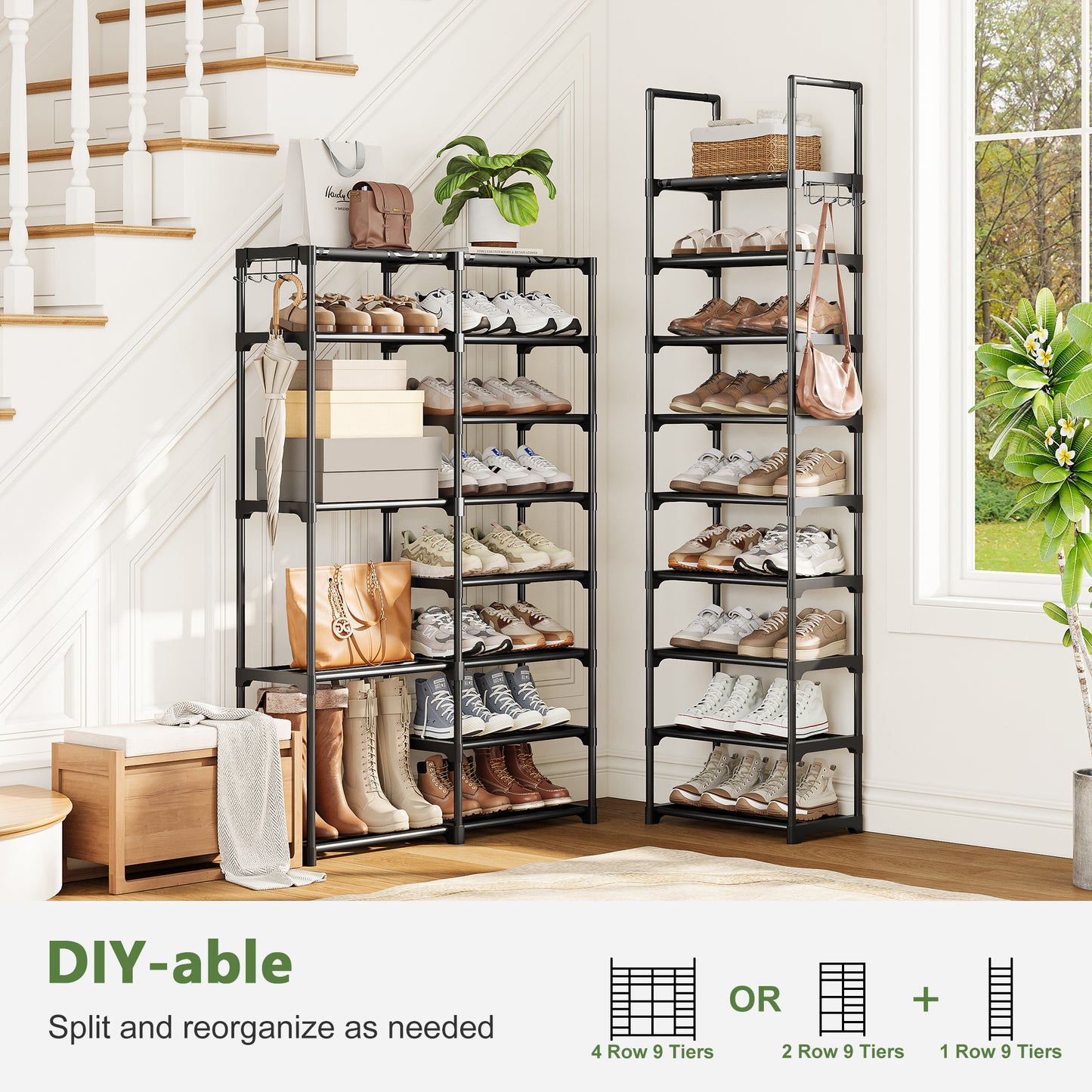 BGTREND 9 Tiers Large Shoe Rack 4 Columns Metal Shoe Storage Organizer 60-65 Pairs Joinable Shoe Tower for Closet Entryway (62 inches, Black)