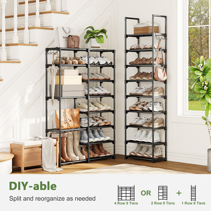 BGTREND 9 Tiers Large Shoe Rack 4 Columns Metal Shoe Storage Organizer 60-65 Pairs Joinable Shoe Tower for Closet Entryway (62 inches, Black)