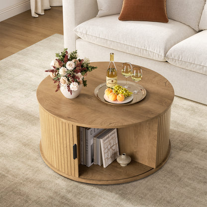GUNAITO Round Lift Top Coffee Table with Storage and Sliding Door, Wooden Center Table for Living Room, Natural wood
