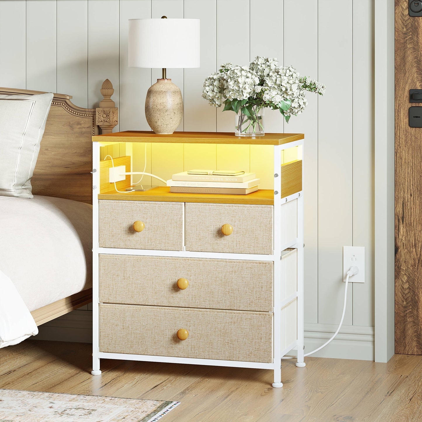 GUNAITO Led Nightstand with 4 Drawers Bedside Table with Charging Station Wide End Table with Storage Shelf for Living Room,Khaki