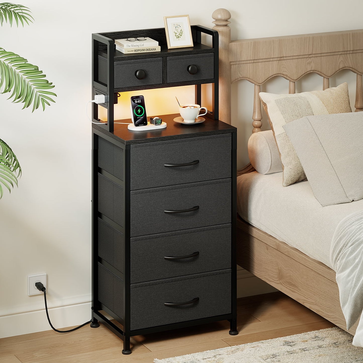 GUNAITO Nightstand with Charging Station and LED Light Bedside Table with Fabric Drawers and Storage Shelf Tall Nightstand for Bedroom Living Room Small Spaces Dark Gray