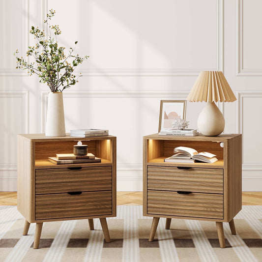 GUNAITO Fluted Nightstand Set of 2 for Bedroom with Charging Station Bedside Table with LED Light Wood Nightstand with Open Shelf and 2 Drawers Oak