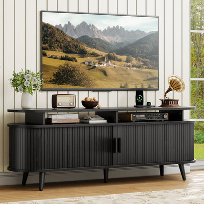 GUNAITO TV Stand for TVs up to 70", Wood TV Stand for Living Room , Entertainment Center with Storage and Shelves, Mid-Century Modern, Black