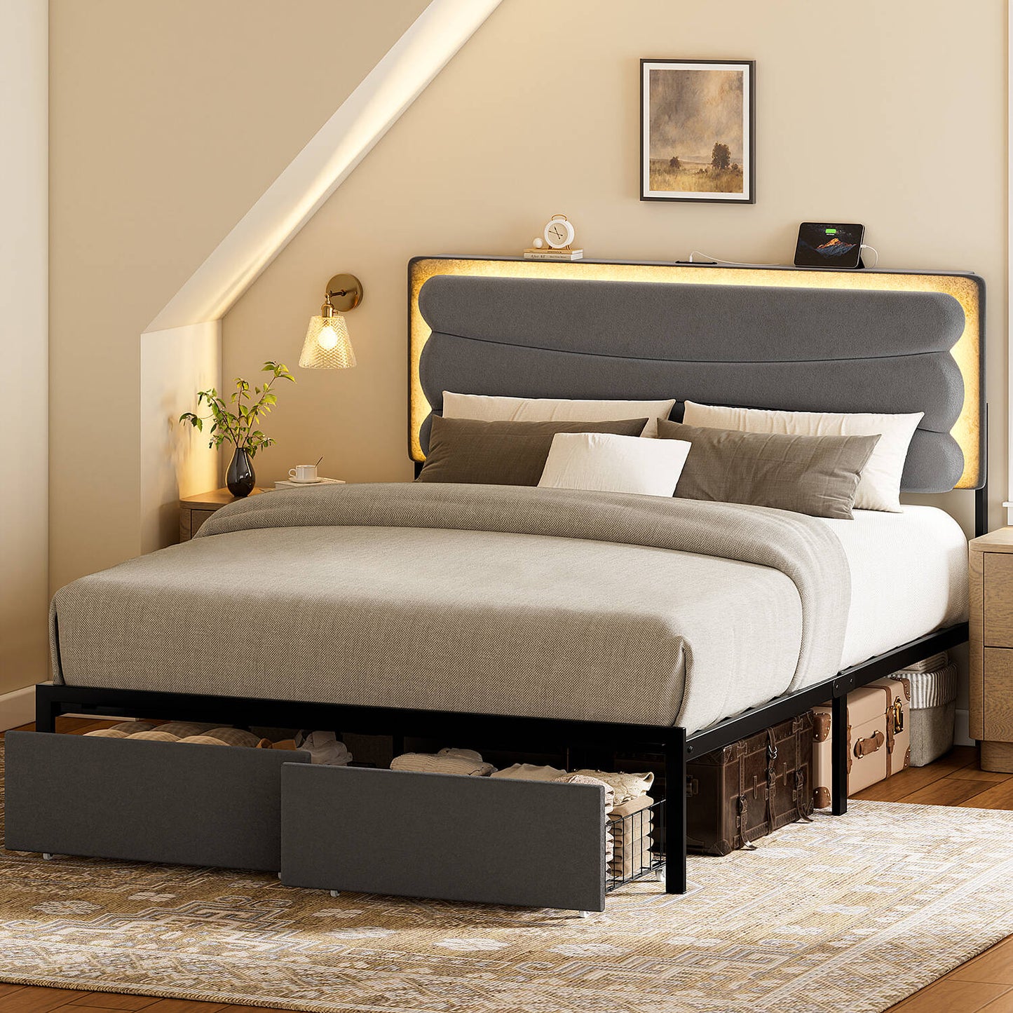 GUNAITO Queen Bed Frame with Adjustable and Rechargeable Headboard,2 Storage Drawers and RGB LED Lights,Velvet Upholstered Platform Bed,Strong Metal Slats£¬No Box Spring Needed,Fast Assembly,Gray