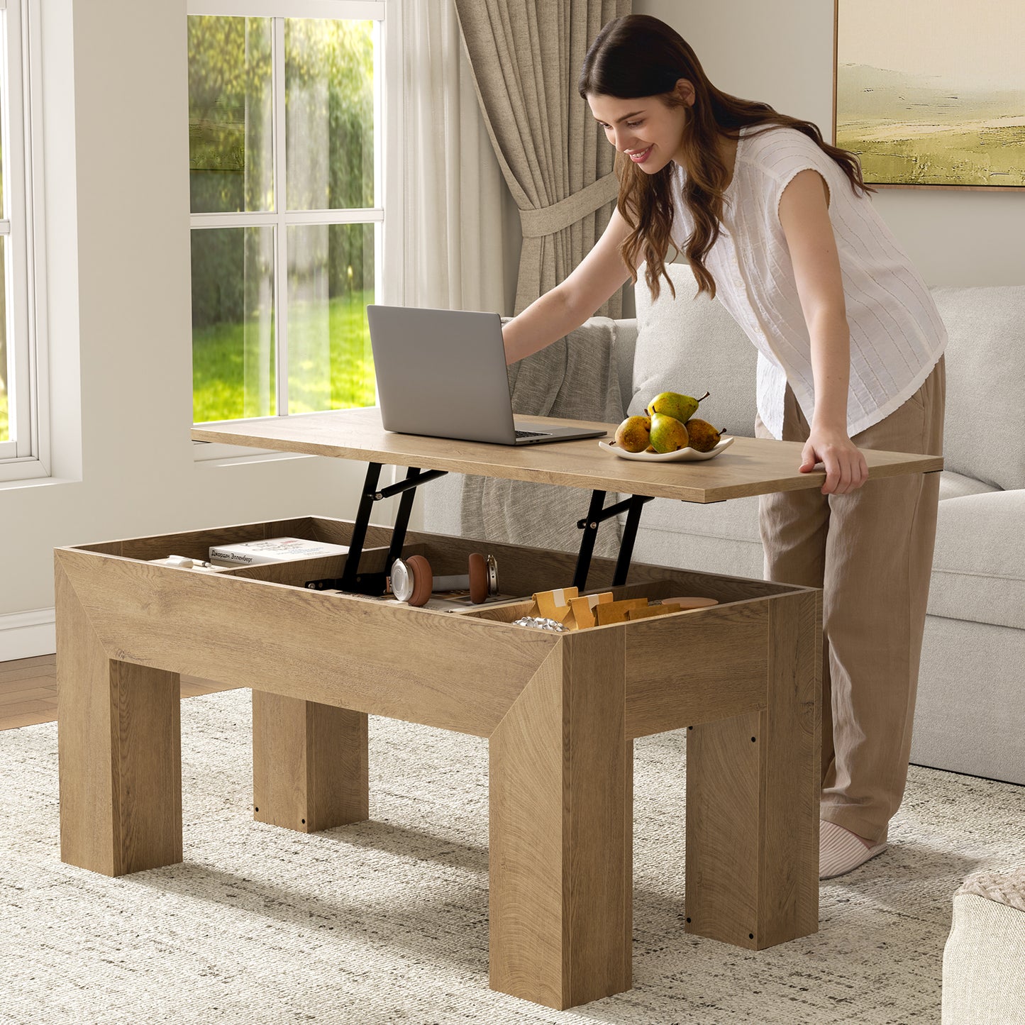 GUNAITO Lift Top Coffee Table with Storage, Wooden Convertible Coffee Table for Living Room, Farmhouse Center Table, Natural