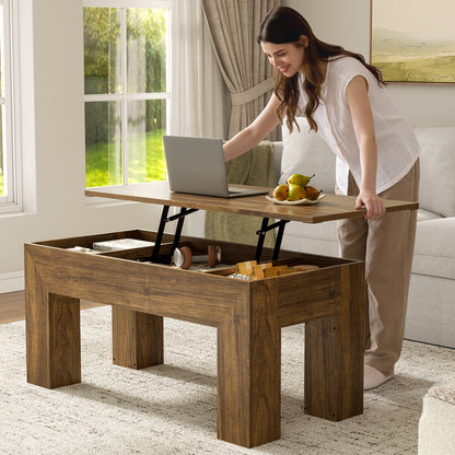 GUNAITO Lift Top Coffee Table with Storage, Wooden Convertible Coffee Table for Living Room, Farmhouse Center Table, Rustic Brown