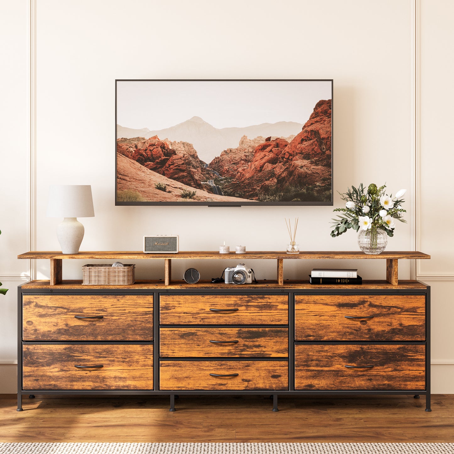 GUNAITO TV Stand with Adjustable Mount for TV up to 70", Big TV Stand for Living Room with Storage , Rustic Brown