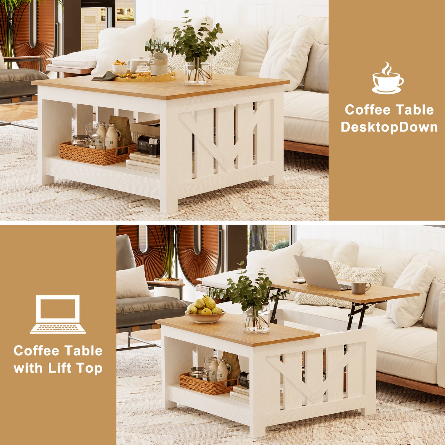 GUNAITO Lift Top Coffee Table with Storage Cabinet and 2 Compartments for Living Room, White, 31.5''Hx31.5''W in