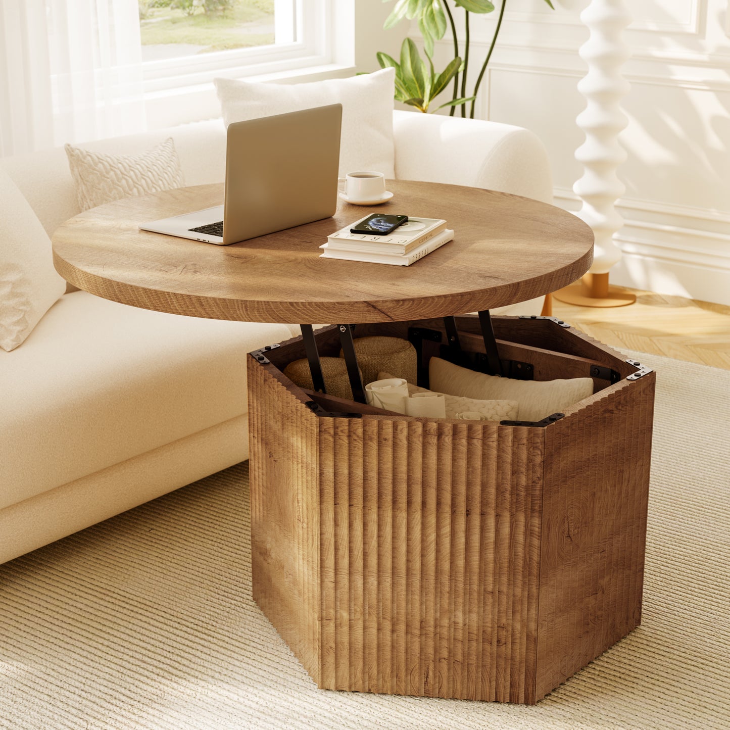 GUNAITO Round Lift Top Coffee Table with Storage, Modern Farmhouse Center Table for Living Room, Natural wood color