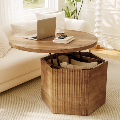 GUNAITO Round Lift Top Coffee Table with Storage, Modern Farmhouse Center Table for Living Room, Natural wood color