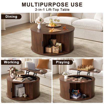 GUNAITO Round Lift Top Coffee Table with Storage and Sliding Door, Wooden Center Table for Living Room, Walnut