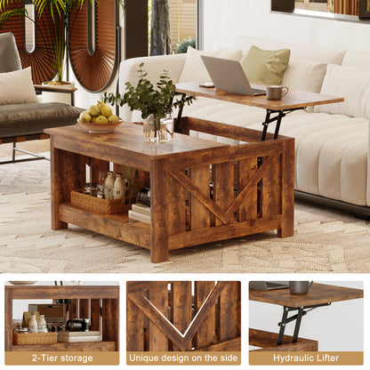 GUNAITO Lift Top Coffee Table with Storage Cabinet and 2 Compartments for Living Room, brown, 31.5''Hx31.5''W in