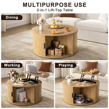GUNAITO Round Lift Top Coffee Table with Storage and Sliding Door, Wooden Center Table for Living Room, Natural wood