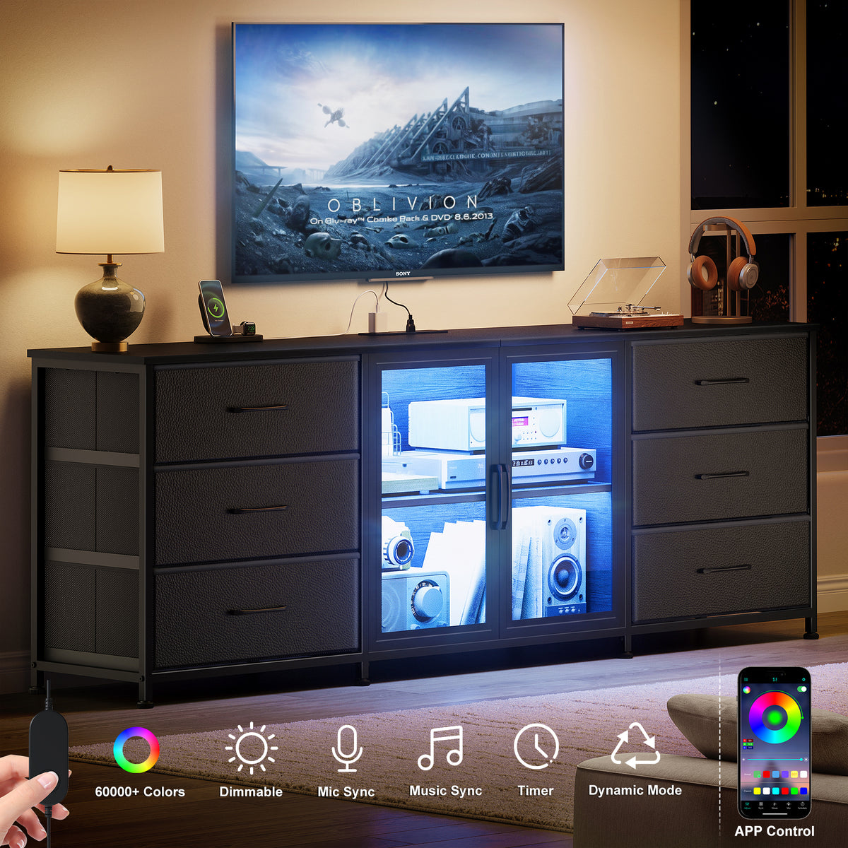GUNAITO TV Stand for TVs up to 75", Entertainment Center with 6 Fabric Drawers and LED Lights, Big TV Stand with Media Console Storage Cabinet for Living Room, Black