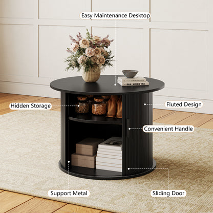GUNAITO Round Small Coffee Table with Storage, Modern Farmhouse Center Table with Shelf Wood Table for Living Room, Black