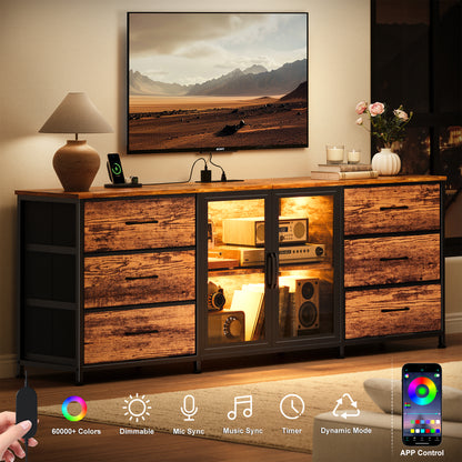 GUNAITO TV Stand for TVs up to 75", Entertainment Center with 6 Fabric Drawers and LED Lights, Big TV Stand with Media Console Storage Cabinet for Living Room, Brown
