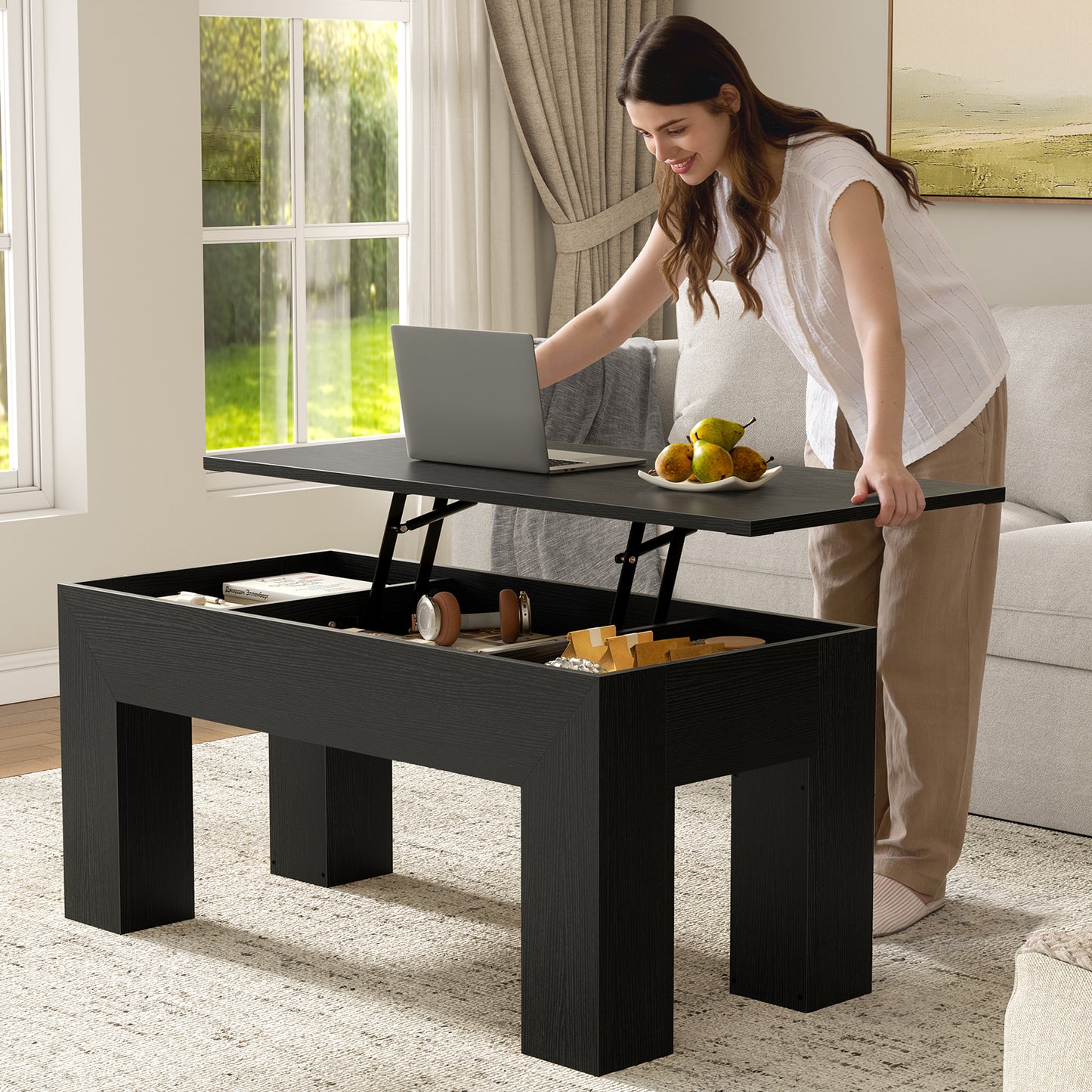 GUNAITO Lift Top Coffee Table with Storage, Wooden Convertible Coffee Table for Living Room, Farmhouse Center Table, Black