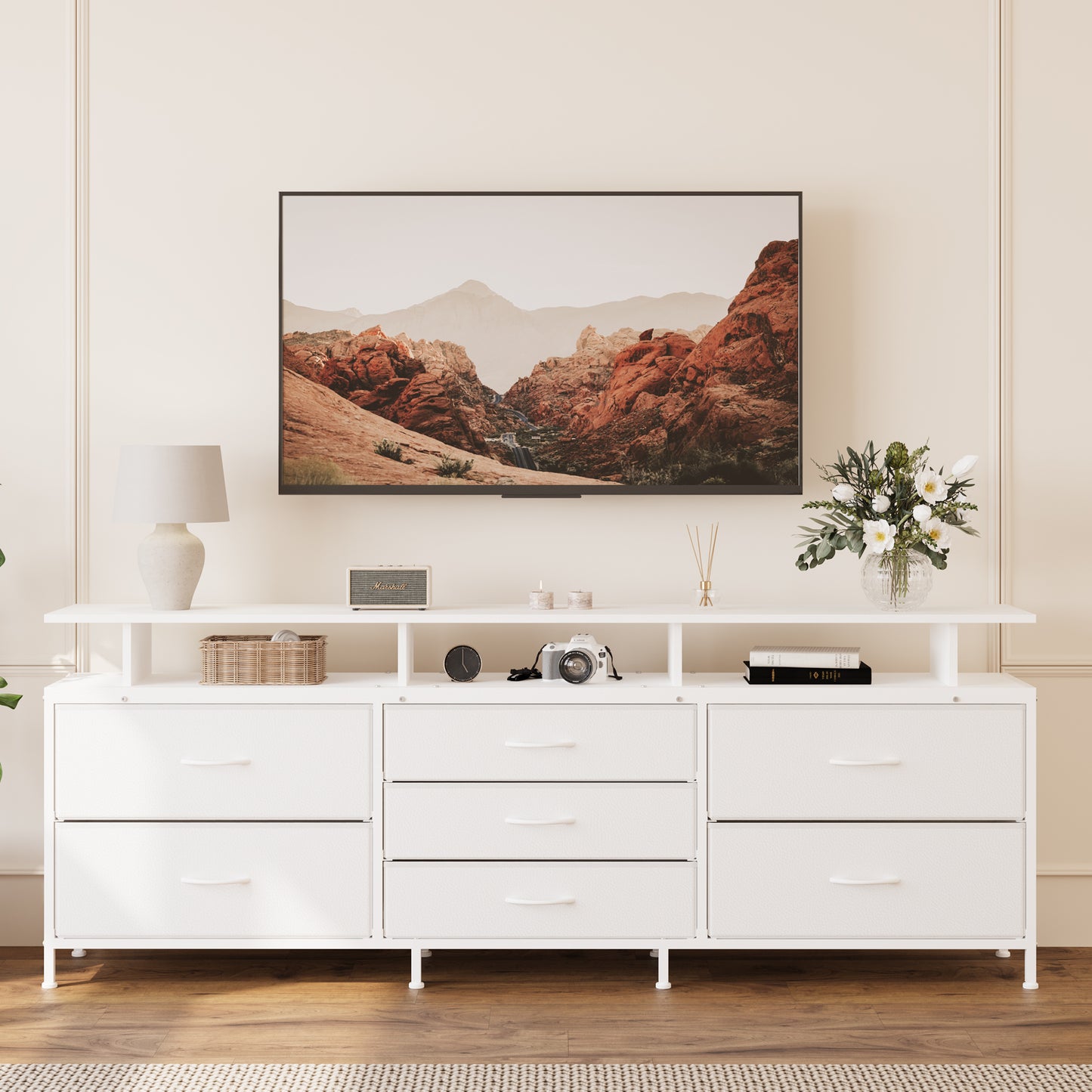 GUNAITO TV Stand with Adjustable Mount for TV up to 70", Big TV Stand for Living Room with Storage , White