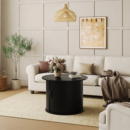 GUNAITO Round Small Coffee Table with Storage, Modern Farmhouse Center Table with Shelf Wood Table for Living Room, Black