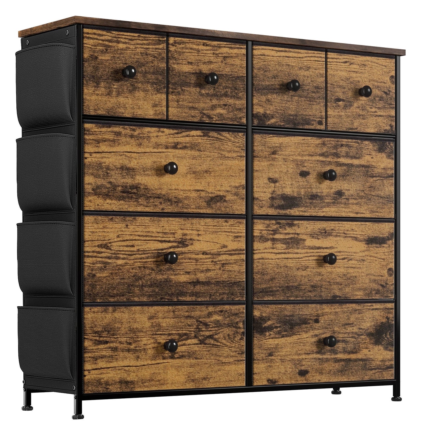 10 Drawer Dresser for Bedroom Chest of Drawers with Side Pocket Fabric Storage Rustic Brown