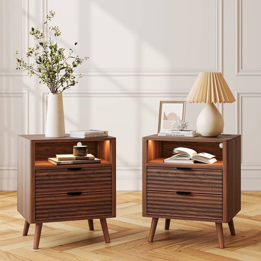 GUNAITO Fluted Nightstand Set of 2 for Bedroom with Charging Station Bedside Table with LED Light Wood Nightstand with Open Shelf and 2 Drawers Walnut
