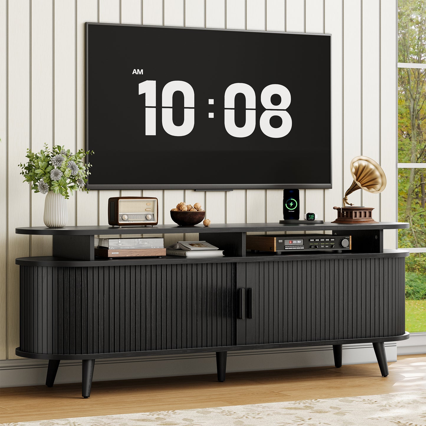 GUNAITO TV Stand for TVs up to 70", Wood TV Stand for Living Room , Entertainment Center with Storage and Shelves, Mid-Century Modern, Black