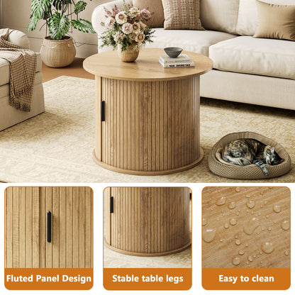 GUNAITO Round Small Coffee Table with Storage, Modern Farmhouse Center Table with Shelf Wood Table for Living Room, Natural wood