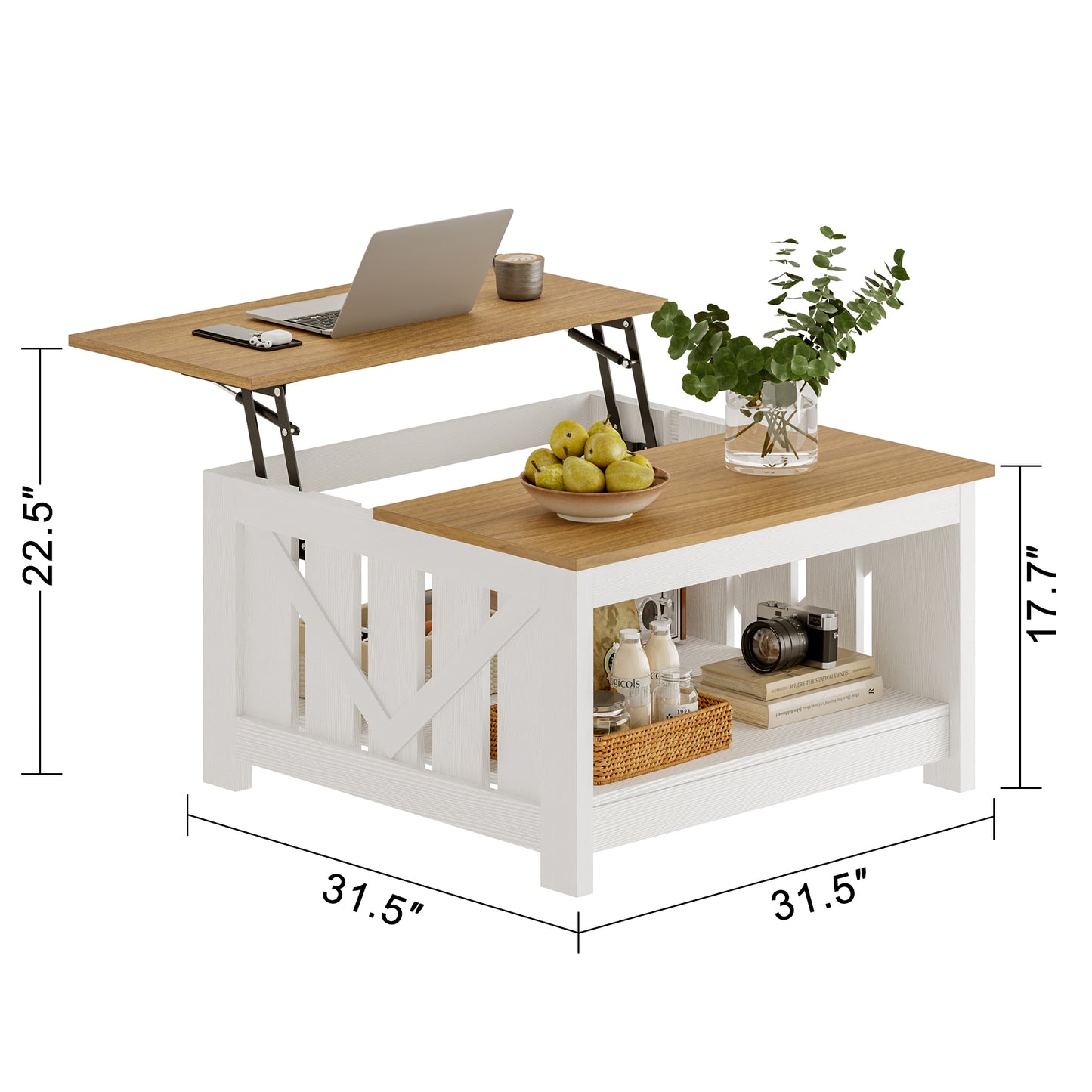 GUNAITO Lift Top Coffee Table with Storage Cabinet and 2 Compartments for Living Room, White, 31.5''Hx31.5''W in