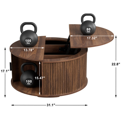 GUNAITO Round Lift Top Coffee Table with Storage and Sliding Door, Wooden Center Table for Living Room, Walnut