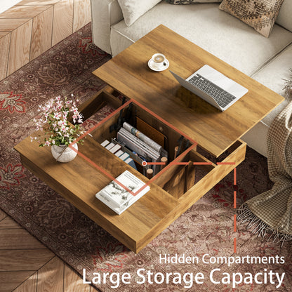 GUNAITO Lift Top Coffee Table with LED Lights, Modern Farmhouse Center Table with Storage, 31.5''Hx31.5''Wx19''D, Light Brown