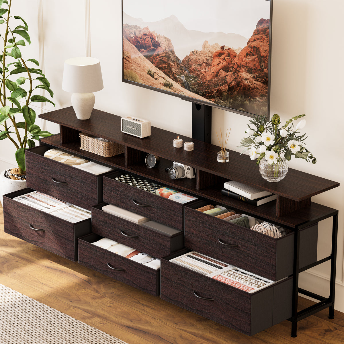 GUNAITO TV Stand with Adjustable Mount for TV up to 70", Big TV Stand for Living Room with Storage , Dark brown