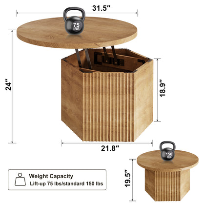 GUNAITO Round Lift Top Coffee Table with Storage, Modern Farmhouse Center Table for Living Room, Natural wood color