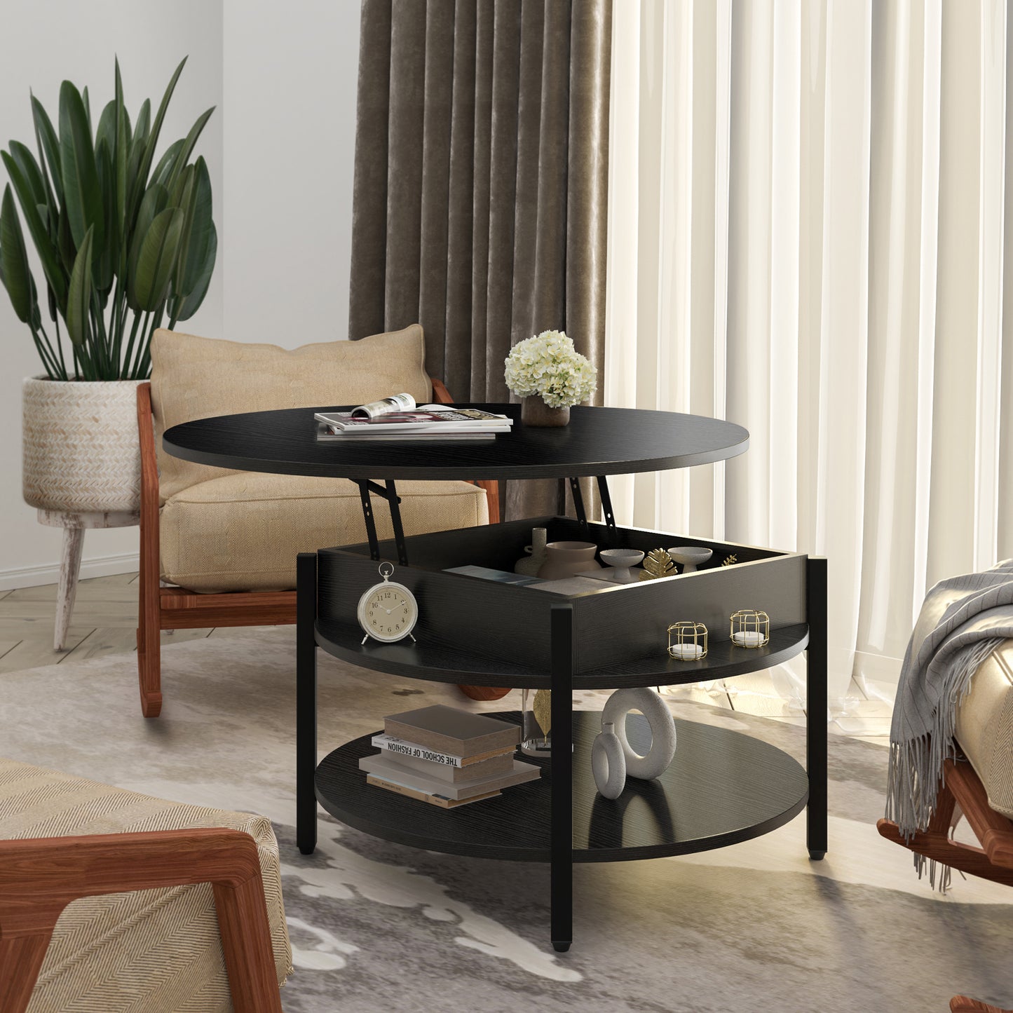 GUNAITO Round Lift Top Coffee Table with Storage Modern Farmhouse Center Table with Shelf Small Circle Table for Living Room for Living Room Black