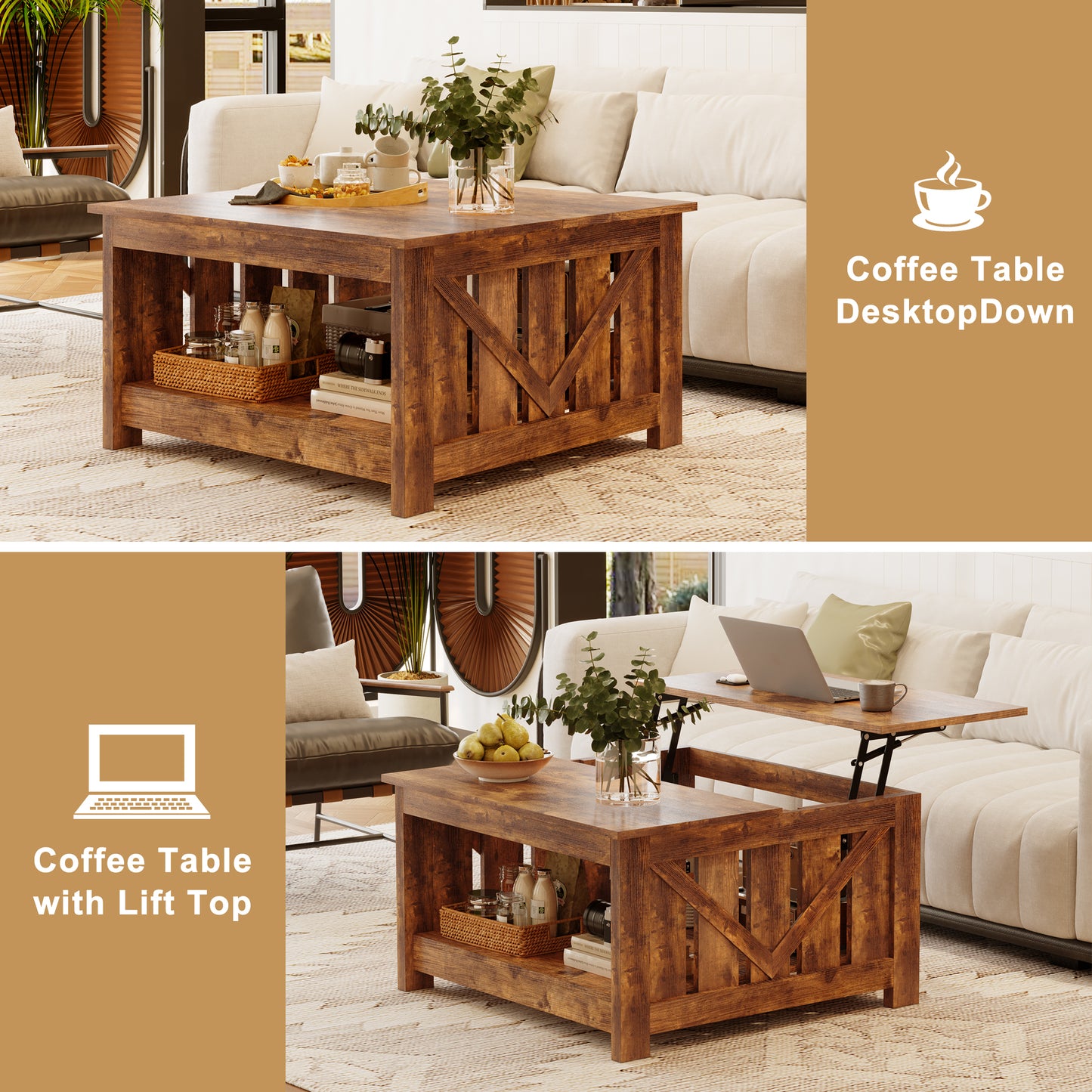 GUNAITO Lift Top Coffee Table with Storage Cabinet and 2 Compartments for Living Room, brown, 31.5''Hx31.5''W in