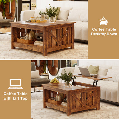GUNAITO Lift Top Coffee Table with Storage Cabinet and 2 Compartments for Living Room, brown, 31.5''Hx31.5''W in