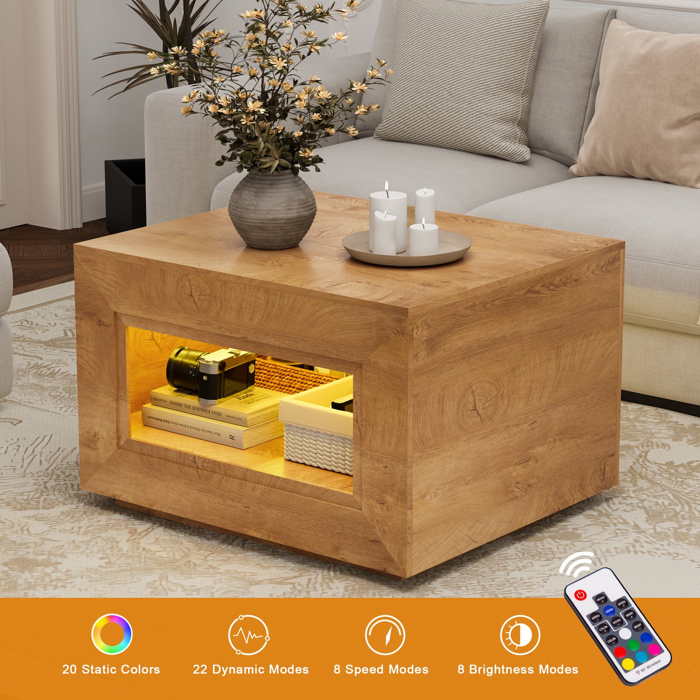 GUNAITO Lift Top Coffee Table with Storage, Wooden Convertible Coffee Table with LED Lights for Living Room, Square Center Table, Natural wood