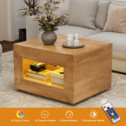 GUNAITO Lift Top Coffee Table with Storage, Wooden Convertible Coffee Table with LED Lights for Living Room, Square Center Table, Natural wood